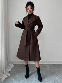 Elenzga Cappotto elegante da donna in stile vintage francese, doppiopetto, con bavero, maniche lunghe, vita stretta, di lunghezza media, adatto per primavera/autunno - Marrone ruggine - Visualizzare 5