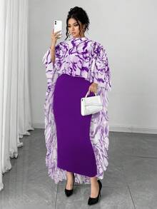 Elenzga Áo choàng voan cổ chữ V họa tiết hoa viền bèo nhún cỡ lớn + Đầm hai dây dệt kim thanh lịch bộ 2 món - Màu tím - Xem 1