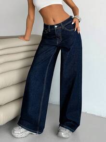 EURMUSE WOMEN LOW WAIST WIDELEG CASUAL STREET DARK BLUE WITH BACK LABEL WATER WASH - Royal Blue - View 5