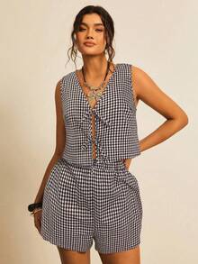 Freevana Conjunto de 2 piezas de chaleco con cordones a cuadros negro y blanco talla grande talla y shorts - Marrón - Ver 3