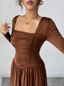 Elenzga Women's Coffee Brown Square Collar High-End Design Front Panel Splice Ruched Slim Fit Cinched Waist Elegant Long Sleeve A-Line Midi Dress, Suitable For Commuting In Autumn Fall Cloth For Women - Coffee Brown - View 7