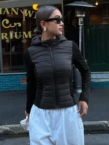 DAZY 女式撞色拉链抽绳连帽棉服外套，秋冬夹克 - 黑色 - 查看 5
