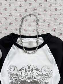 SHEIN 青少年女孩白色心形印花休闲圆领长袖T恤 - 黑與白 - 查看 4
