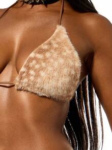 SUMWON WOMEN 万圣节人造毛皮文胸三角上衣露背短款节日派对俱乐部服装 - 杏色 - 查看 7