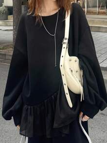 FRIFUL Sweatshirt Pullover Wanita Kerah Bulat dengan Patchwork Kain Kontras, Hem Bergelombang, Dekorasi Pita Samping, Lapisan Termal, Tebal untuk Musim Gugur dan Musim Dingin - Hitam - View 7