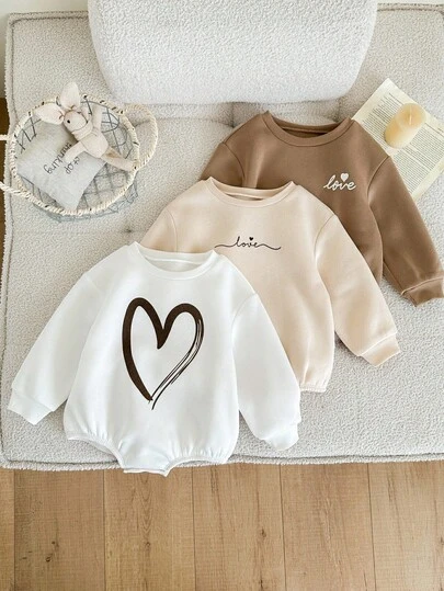 3件套女婴连体衣，秋冬季保暖针织圆领长袖爱心印花连体衣，冬季万圣节服装，冬季婴儿卫衣，名字毛衣，婴儿套装，秋冬季摩卡色婴儿服装，中性婴儿服装，男女通用秋季