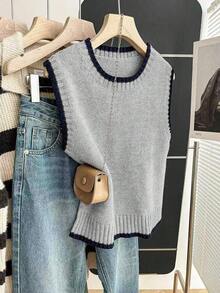 Franclia Casual Loose Crew Neck Sleeveless Knitted Contrast Trim Khaki Sweater Top For Women, Spring/Autumn - Grey - View 5