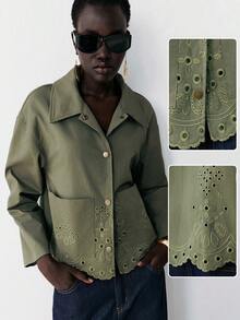 Lumivelle Chaqueta corta y regular de manga larga con cuello de flor hueca y enrejado para mujer - Verde militar - Ver 1