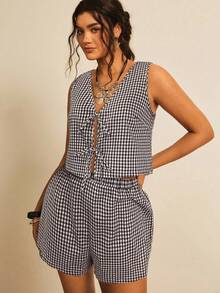 Freevana Conjunto de 2 piezas de chaleco con cordones a cuadros negro y blanco talla grande talla y shorts - Marrón - Ver 1