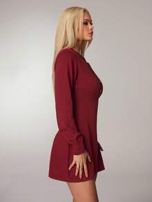 Avantive Damen einfarbiges Knielang Lässig Strickkleid mit Knopfleiste und Langarm, Herbst/Winter - Rot - Übersicht 4