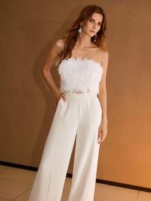 MOTF PREMIUM 女士简约优雅压褶阔腿裤，秋冬 - 米色 - 查看 3