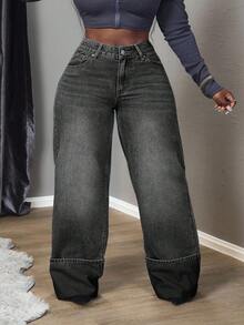 Slaydiva Jeans casuales de pierna ancha con bolsillo y botones para tallas grandes - Negro - Ver 7