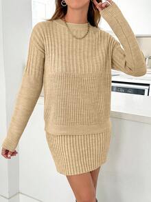 EURMUSE Casual Rib Knit Sweater & Mini Rib Knit Sweater Skirt Co-Ords - Mocha Brown - View 5