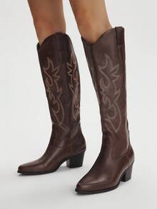 Styleloop Western Cowgirl Boots, Embroidered Riding Boots, Chelsea Boots, Tall Maillard Boots For Women, Suitable For Halloween, Christmas, Autumn Outfits, Western Boots, Core - Coffee Brown - View 6