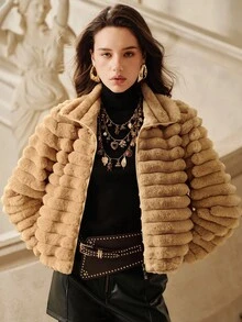 SHEIN Unity 女士纯色长袖拉链领休闲人造毛皮夹克，适合派对场合 - 棕色 - 查看 3