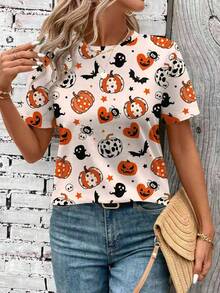 SHEIN LUNE Casual Simple Halloween Loose Round Neck Short Sleeve T-Shirt For Women, Suitable For Summer - Multicolor - View 2