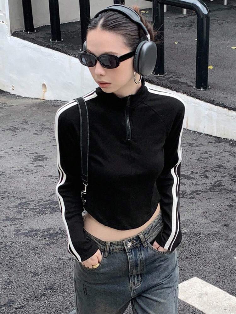 Women Zipper Placket Bodycon Side Stripe Cropped Casual T-Shirt, Autumn Long Sleeve Women Tops