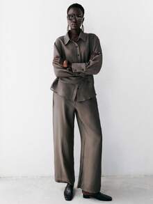 Lumivelle Zielony-D 女士通勤简约透明高端休闲长袖衬衫和直筒裤两件套 - 深灰色 - 查看 5