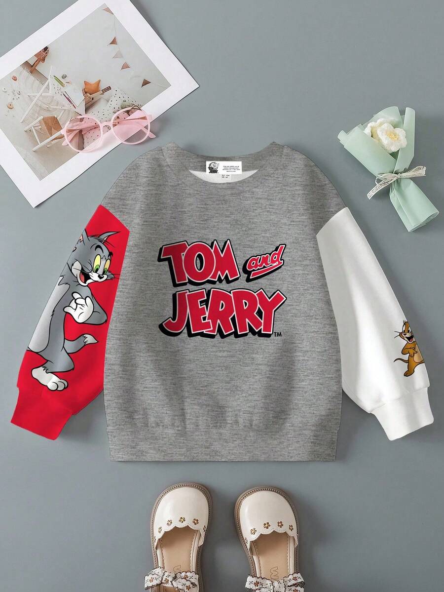 TOM & JERRY X SHEIN Young Girl Casual Everyday Colorblock Cartoon & Letter Graphic Crew Neck Sweatshirt Fall Winter - White - View 1
