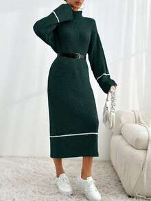 SHEIN Cottnline Turtleneck Ribbed Colorblock Casual Long Sleeve Women Sweater Dress - Dark Green - View 5