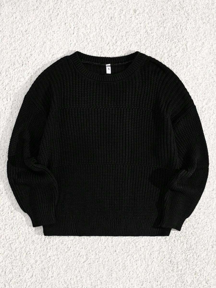 SHEIN Tall Tall Size Casual Basic Rib Knit Crew Neck Women Sweater Everyday Homewear Black Fall - Black - View 1