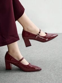 CUCCOO BIZCHIC Sepatu hak tinggi runcing dengan desain gesper untuk wanita, cocok untuk pemakaian sehari-hari. - Burgundy - View 3