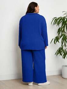 EURMUSE Ensemble 2 pièces grande taille, Top ample à manches longues et pantalon large - bleu indigo - Voir 2