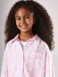 SUMWON Cotton Oversized Plaid Shirt Long Sleeve Button Down Collared Blouse Casual School Spring Fall Layering Top Winter - Pink - View 3