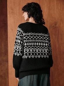 Zovinel Vintage Loose Fit Crew Neck Long Sleeve Contrast Color Diamond Jacquard Knit Pullover Sweater For Women, Autumn/Winter - Black - View 2