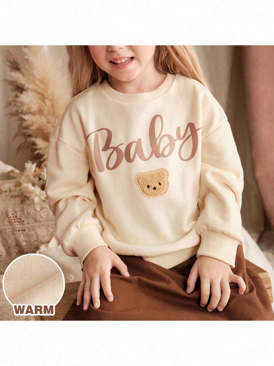 Loomiva YYoung Girls Cute Bear Print Crew Neck Sweatshirt, Comfortable Casual Pullover Suitable For Everyday Wear And School, Autumn/Winter Fall - Beige - View 1