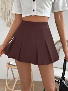 Chiquease Casual Solid Color Pleated Mini Skirt, Summer - Bronze - View 6