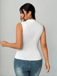 Elenzga Women's Autumn Contrast Collar Simple Fashionable Deep V-Neck Solid Color Sleeveless Buttoned Slit Hem Fitted Cardigan Sweater Vest, Plus Size - White - View 2