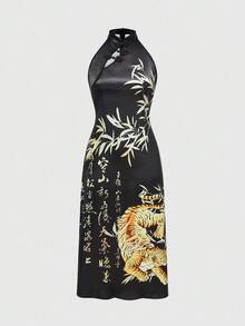 ROMWE Avant 女式复古玉石新中国风虎纹竹叶书法印花开衩领连衣裙 - 黑色 - 查看 1