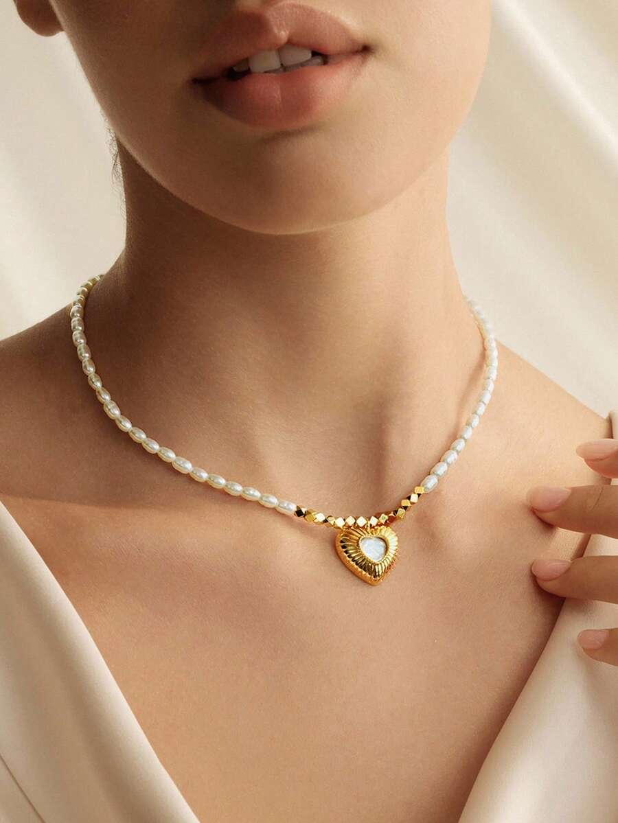 Opalesca 1 mặt dây chuyền hình trái tim đính hạt, phụ kiện cổ điển giản dị dành cho nữ - Vàng - Xem 1
