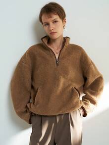 Airaco بلوزة رياضية نسائية كاجوال مع سحاب وأكتاف منسدلة، خريف/شتاء - لون مشمشي - مشاهدة 4