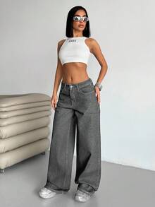 SHEIN Cottnline WOMEN LOW WAIST WIDELEG CASUAL STREET DARK BLUE WITH BACK LABEL WATER WASH - Light Grey - View 6