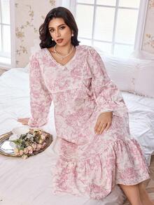 CottageSlumber 加大码宽松蕾丝边睡袍，田园风格，秋冬，秋季 - 粉色 - 查看 3