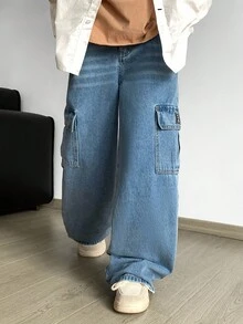 Tween Boy Fashion Casual Vintage Cool Street Patch Details Loose Comfortable And Refreshing Pocket Design Blue Cargo Loose Jeans For Dailywear And Spring To Summer Rave Festival And Streetwear - Blue - View 4