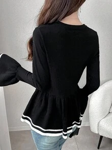 FRIFUL 女式撞色条纹喇叭袖荷叶边下摆毛衣女式长袖上衣长袖黑色上衣女式喇叭袖黑色毛衣秋冬