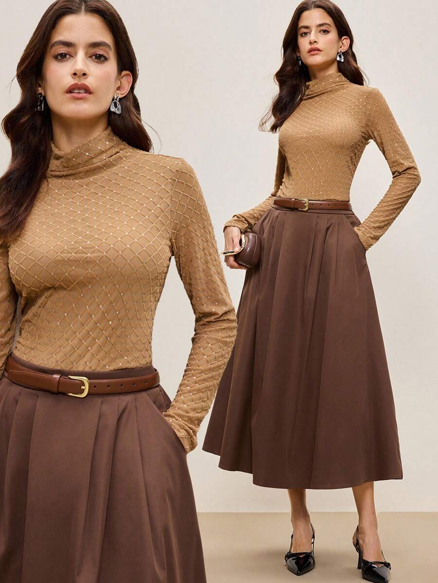 BizChic Áo kiểu dáng mới Thu/Đông 2025 màu nâu đính sequin lấp lánh, phong cách retro sang trọng, thanh lịch, phù hợp cho công sở, đi làm hàng ngày, lãng mạn, thường ngày, thập niên 90, Giáng sinh, Năm mới, Lễ Tạ ơn, đi biển, lễ tốt nghiệp, thời trang sành điệu, thích hợp cho khách dự đám cưới, chủ nhà, hẹn hò, tiệc tùng, hòa nhạc, bữa trưa, sân bay, nhiều dịp khác nhau.