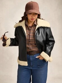 Comfylo 大码女式复古机车仿皮草长袖夹克外套，秋冬 - 黑色 - 查看 8