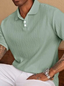 Manfinity Homme Plus Size Men's Casual Solid Color Textured Polo Shirt, Summer - Mint Green - View 4