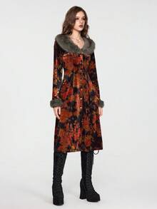 ROMWE EDITION Vintage Floral Print Plush Patchwork Cardigan Jacket For Women, Halloween - Multicolor - View 9