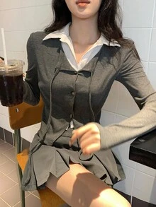 Livesso Women's 2 In 1 Tie-Up Long Sleeve Elegant T-Shirt, Autumn/Winter - Grey - View 7