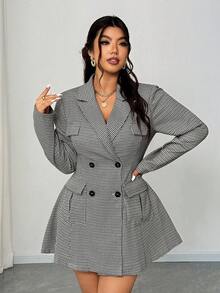 Elenzga 大码女式时尚格子印花翻领双排扣夹克 - 灰色 - 查看 2