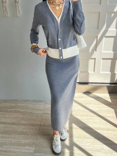 Rafferiza 女士秋季撞色长袖针织开衫和针织裙两件套，休闲款