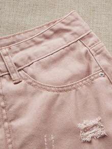 SHEIN LUNE Women's Casual Denim Shorts With Pockets And Distressed Hem - Apricot - View 3
