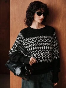 Zovinel Vintage Loose Fit Crew Neck Long Sleeve Contrast Color Diamond Jacquard Knit Pullover Sweater For Women, Autumn/Winter - Black - View 5