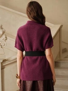 SHEIN Unity 奢华优雅女士短袖腰带毛衣 - 酒紅色 - 查看 2