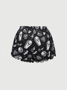 ROMWE Goth Conjunto de pijama de tirantes con estampado de esqueleto, araña y murciélago en todo el diseño para mujer - Negro - Ver 4